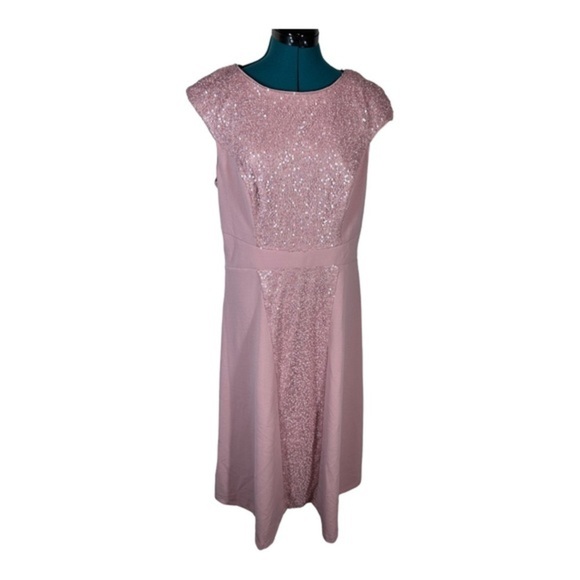 JS Collection Sequin & Crepe Midi Flare Dress in Blush Pink - Picture 5 of 10